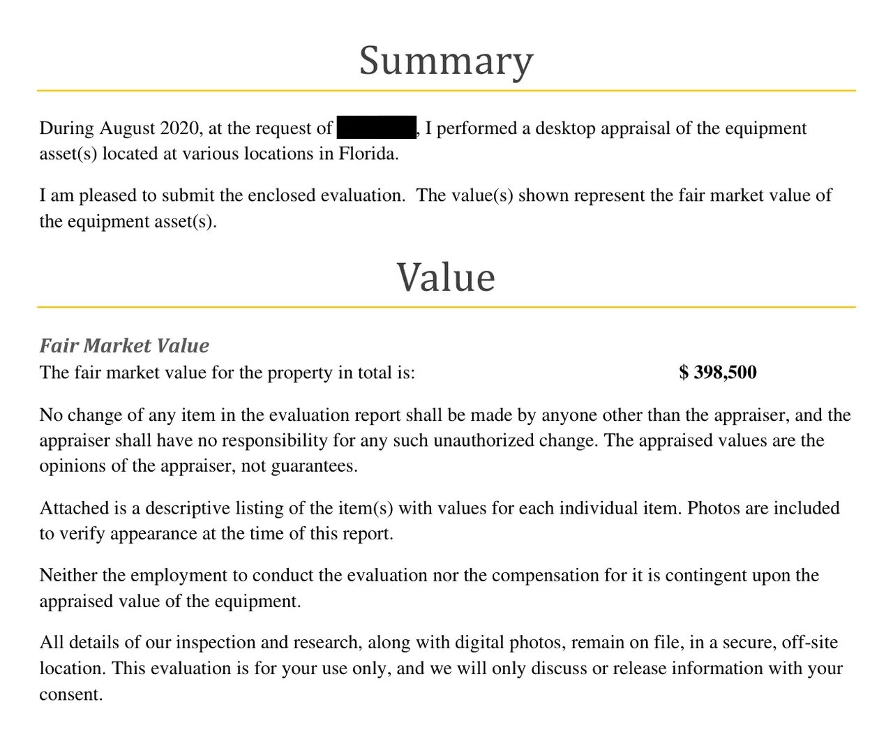 Page 5 of a delivered report, headed Summary and Value: a desktop appraisal made during August 2020 of equipment at various locations in Florida, with a fair market value for the property in total of $398,500. The client’s name is blacked out.